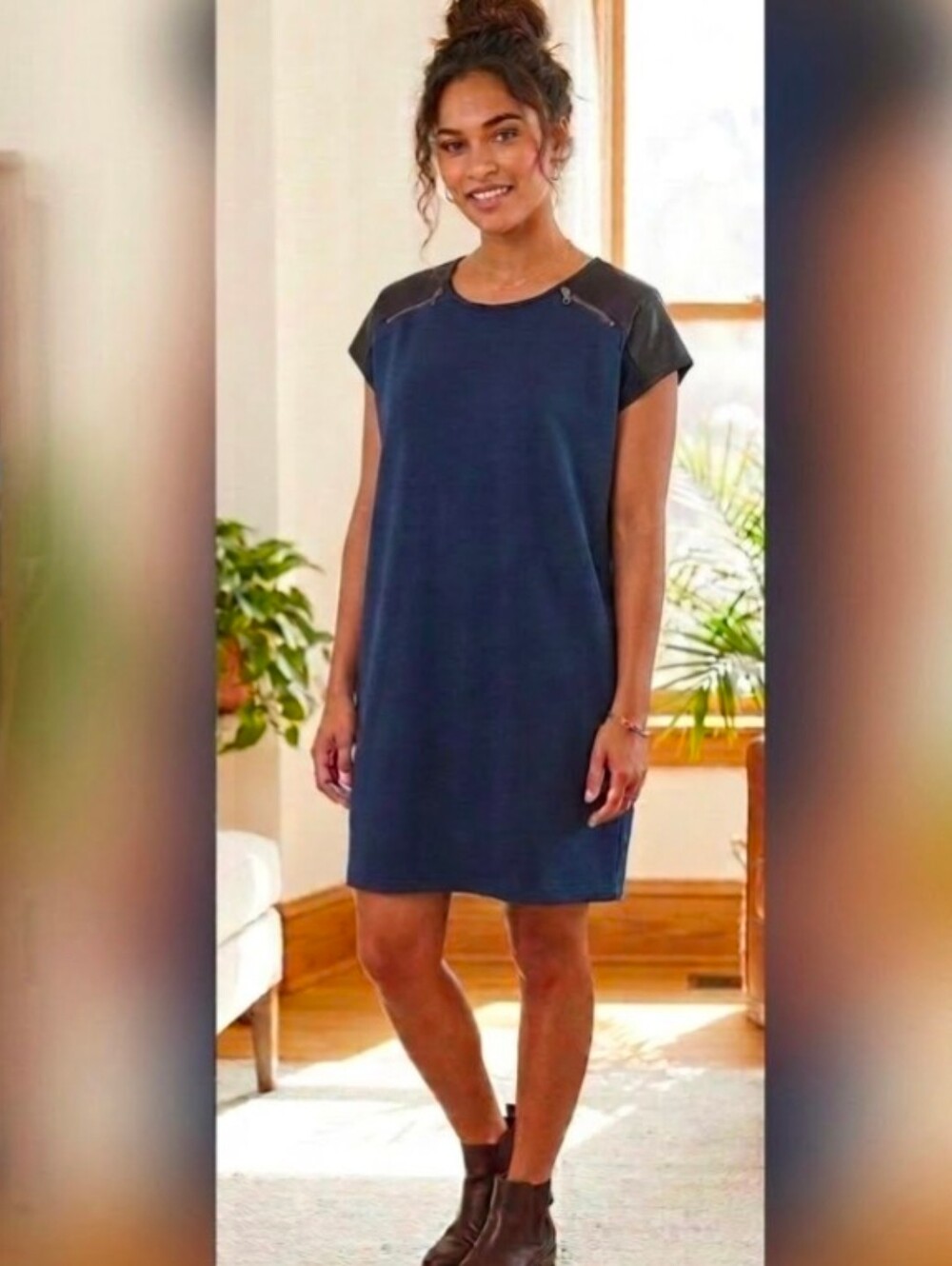 Style & Co. Blue Knit Dress Black Faux Suede Accents Zipper Detail Size S